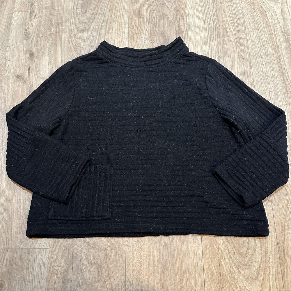 Habitat Heathered Cropped Pleated‎ Fleece Pocket Pullover Black Sz Large EUC